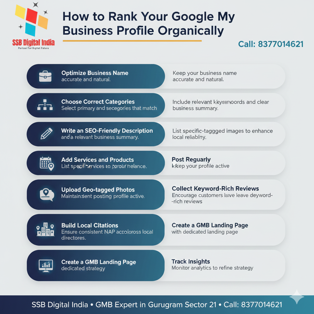 Learn expert strategies to rank your Google My Business profile organically. SSB Digital India – GMB Expert in Gurugram Sector 21. Call 8377014621