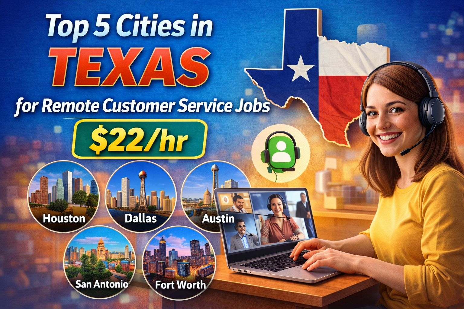 Top 5 Cities in Texas for Remote Customer Service Jobs ($22/hr)