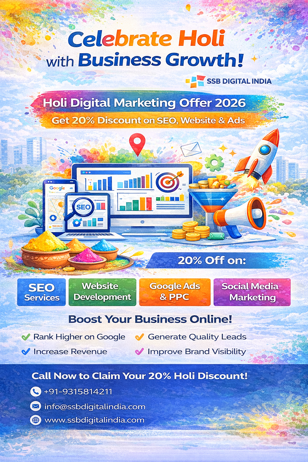 Holi Digital Marketing Offer 2026 – Get 20% Discount on SEO, Website & Ads | SSB Digital India
